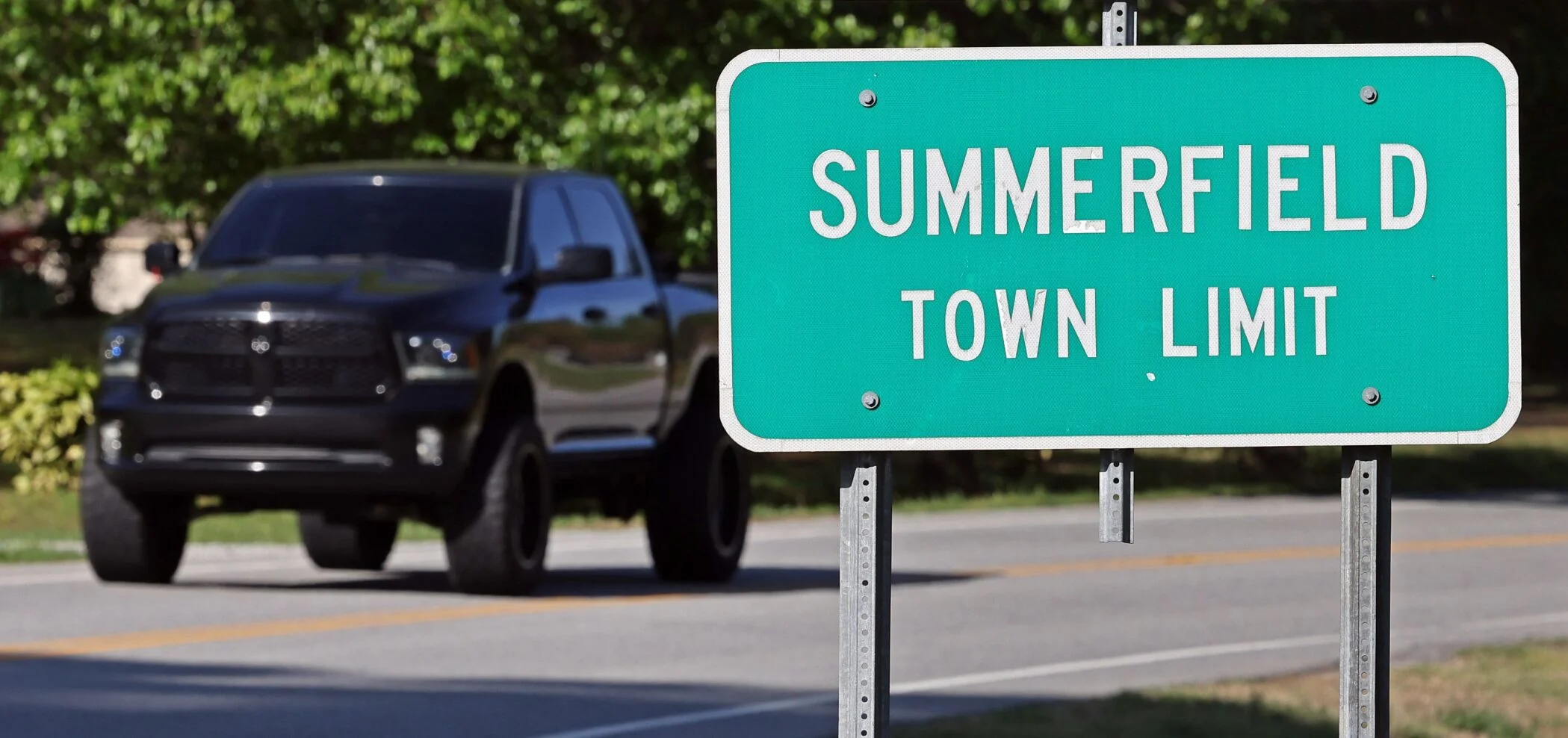 The Summerfield town limit sign on Oak Ridge Road the west side of town