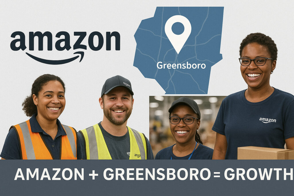 Amazon employees smile with pride as Greensboro, NC is highlighted on a map symbolizing economic growth.