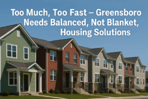 A row of modern affordable housing units in Greensboro, North Carolina, under a clear blue sky, representing new development efforts in the city.