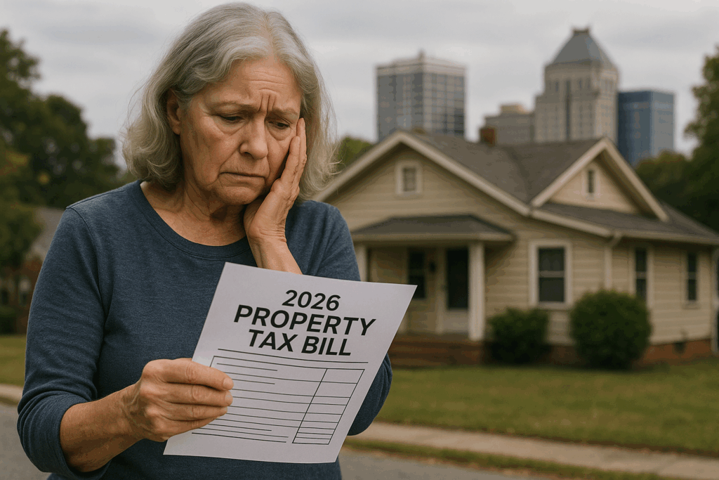 An elderly woman stands in front of her longtime Greensboro home, holding a 2026 property tax bill with a distressed expression as the city skyline looms in the background.