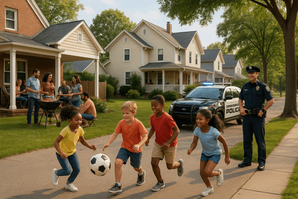 Children playing soccer on a safe neighborhood street while adults enjoy a backyard cookout, with a smiling police officer nearby.