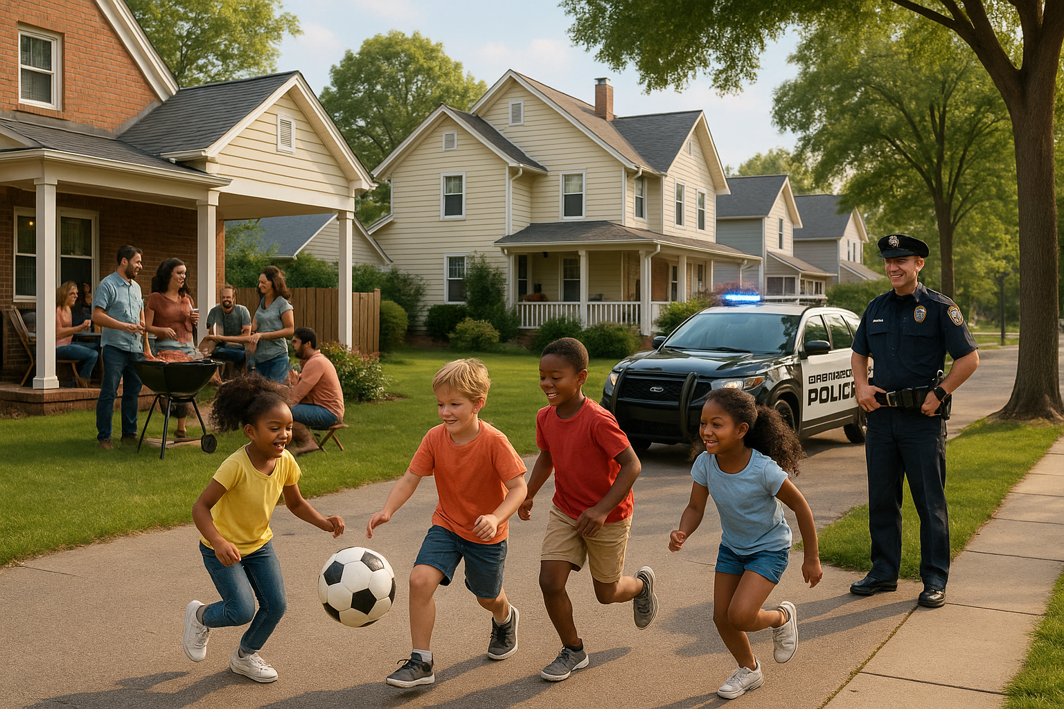 Children playing soccer on a safe neighborhood street while adults enjoy a backyard cookout, with a smiling police officer nearby.